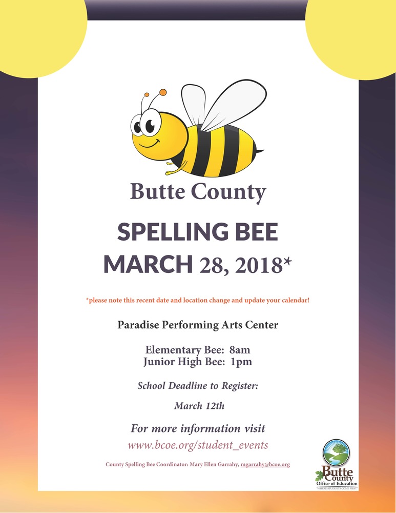 COUNTY SPELLING BEE - LOCATION & DATE CHANGE