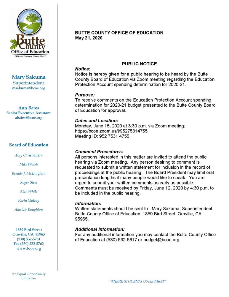 Public Hearing to be heard by the Butte County Board of Education regarding the Education Protection Account spending determination for 2020-21.