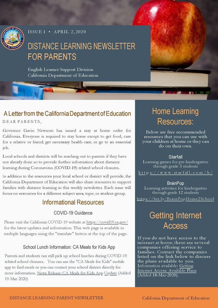 Distance Learning Parent Newsletter Issue One